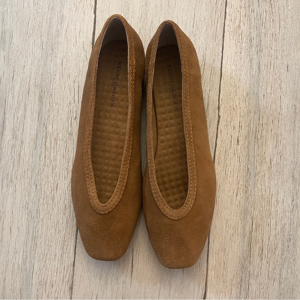 NWOT Kelsi Dagger Brooklyn Freya Square-Toe Ballet Flats in a honey suede color.
